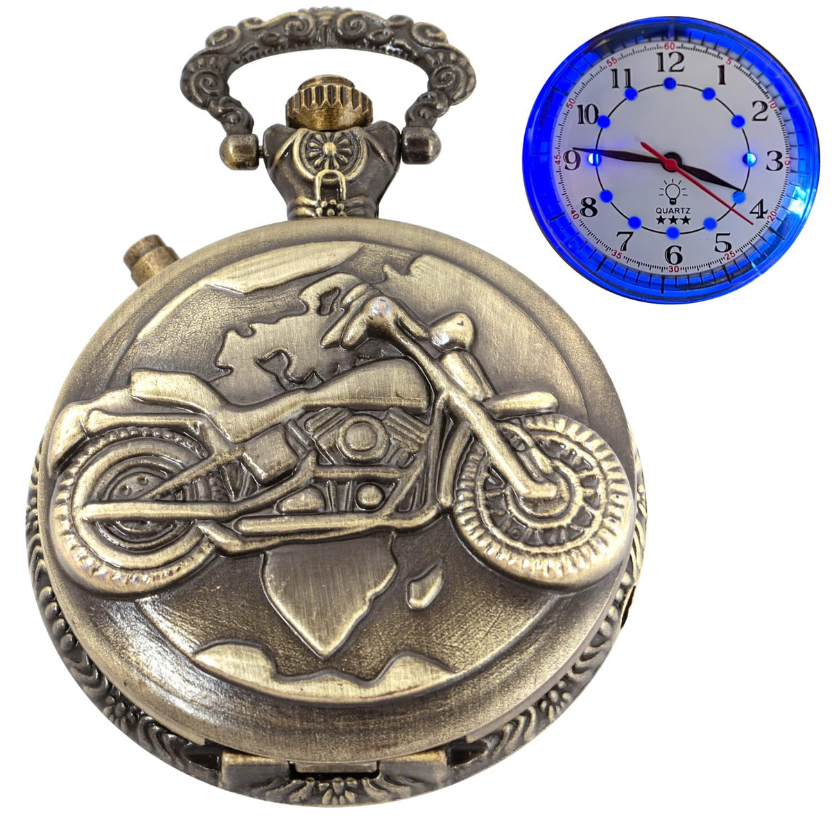 Reloj de bolsillo con diseño de motocicleta, luces LED, movimiento de cuarzo, esfera con números arábigos, creativo para hombres
