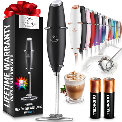 Zulay Kitchen Potente Batidora Espumadora de Leche con 2 Pilas Duracell - Mezclador de Bebidas Portátil Ultrarrápido - Batidor Eléctrico para Café Latte Capuchino Matcha Chocolate Caliente y Crema - Negro