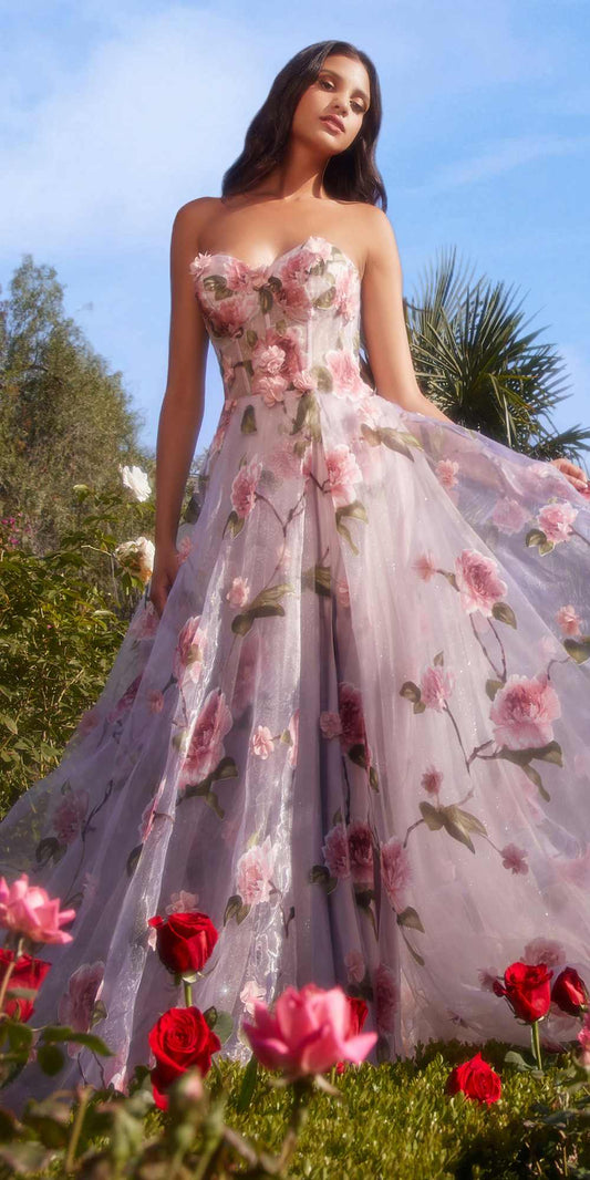 Andrea & Leo A1035 Vestido de Gala de Organza sin Tirantes con Estampado Floral