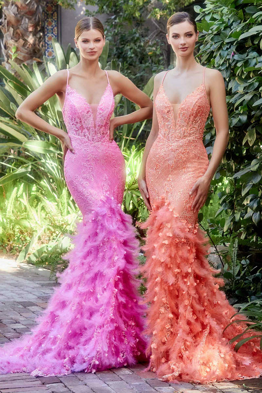Vestido de noche de sirena con plumas Andrea & Leo A1116