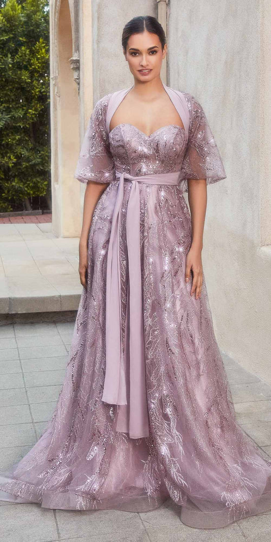 Vestido de fiesta Andrea & Leo A1174 con diseño de hojas brillantes y chal a juego