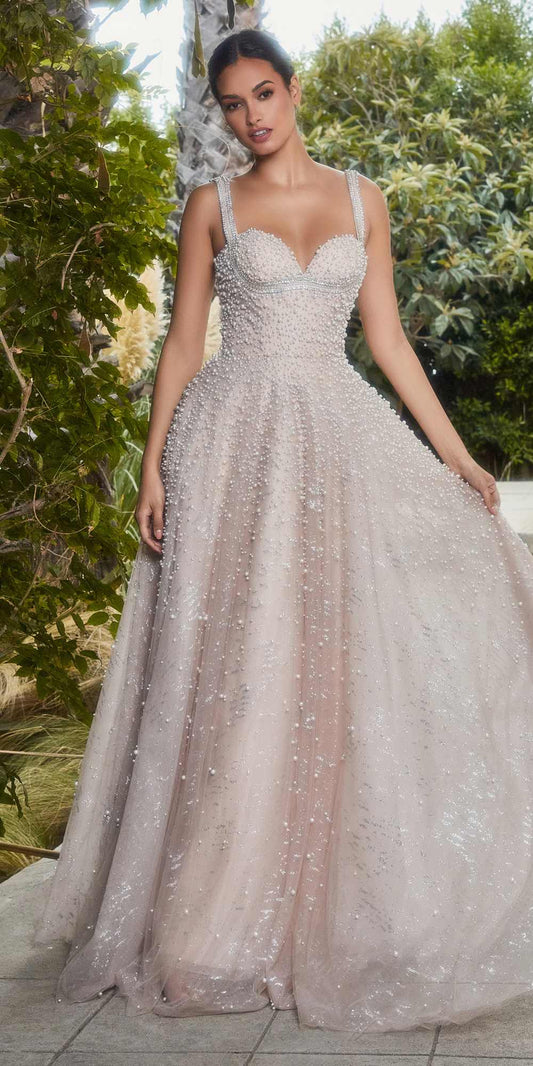 Vestido de gala largo Andrea & Leo A1180 con perlas y tirantes de cristal
