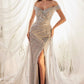 Andrea & Leo A1182 Vestido Sirena Largo hasta el Suelo Plateado con Cuentas y Sobrefalda