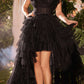 Vestido de tul escalonado con volantes asimétricos, detalles de plumas, Andrea & Leo A1240