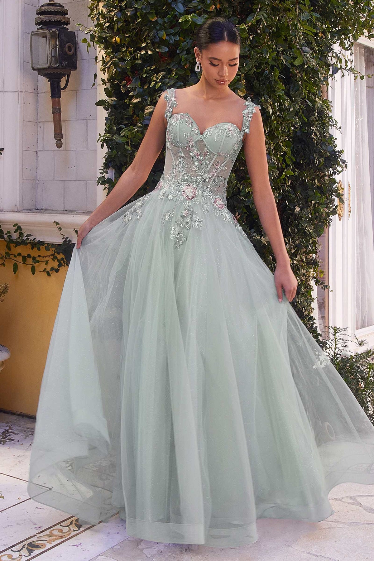 Vestido de gala largo de línea A de tul adornado Andrea & Leo A1258