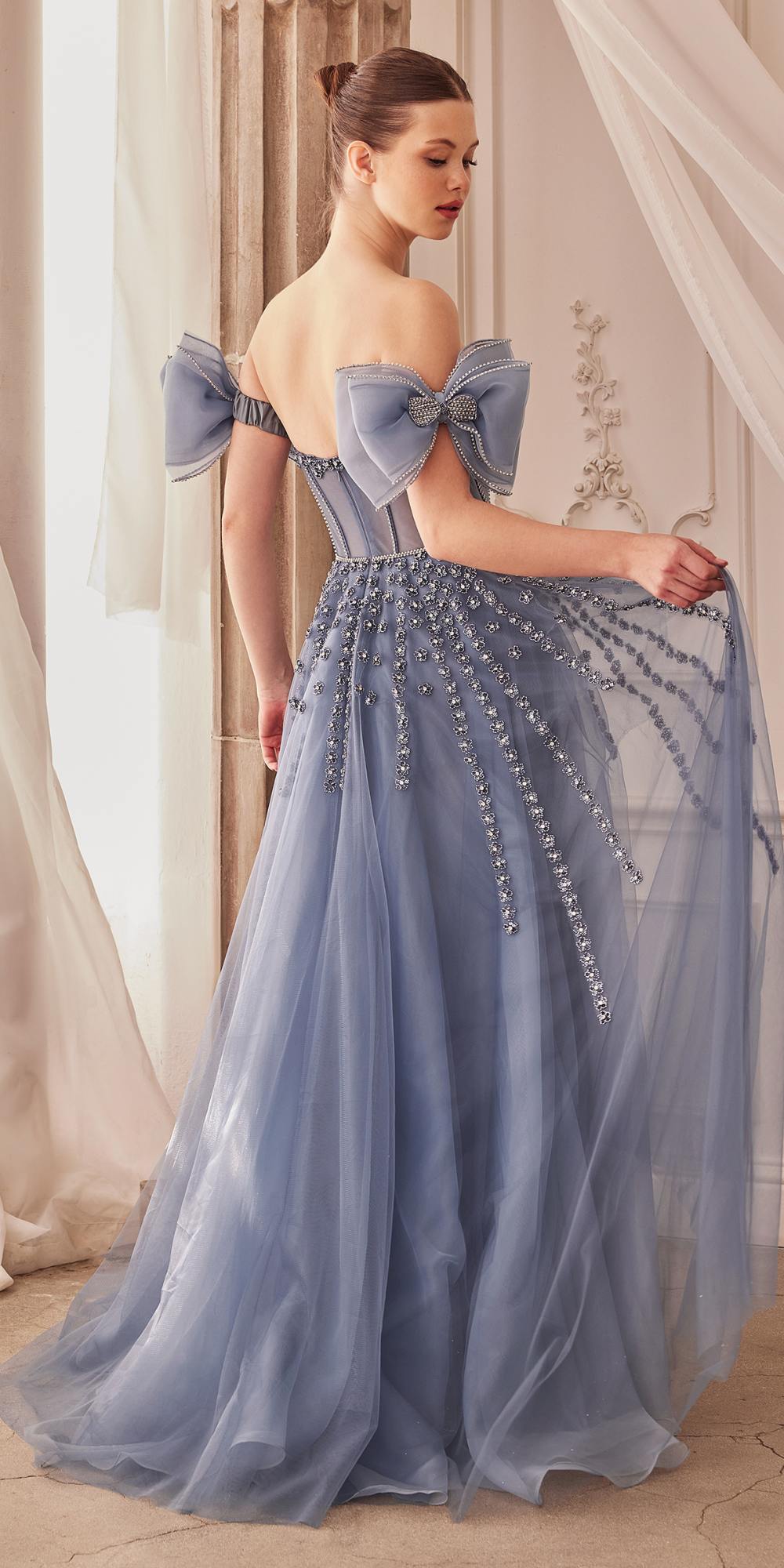 Vestido Largo Strapless con Cuentas y Brazaletes de Lazo Andrea & Leo A1338