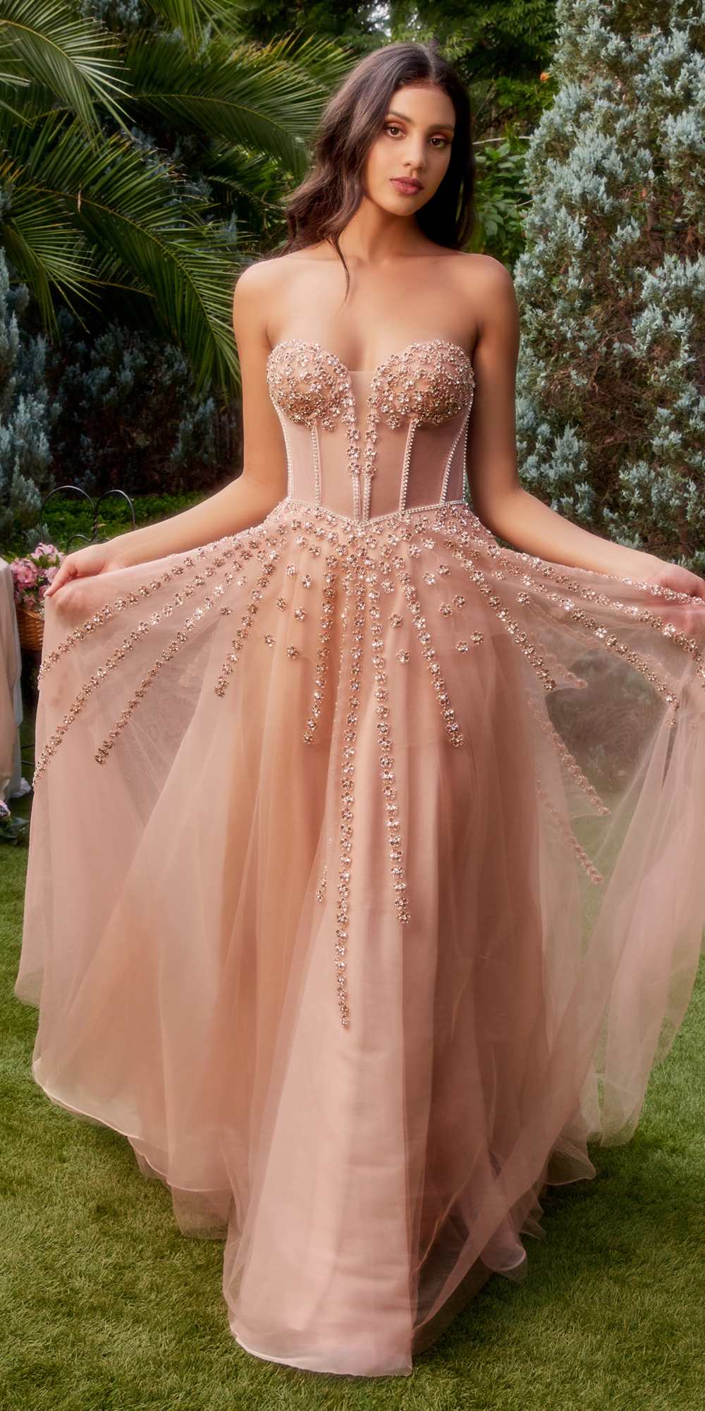 Vestido Largo Strapless con Cuentas y Brazaletes de Lazo Andrea & Leo A1338