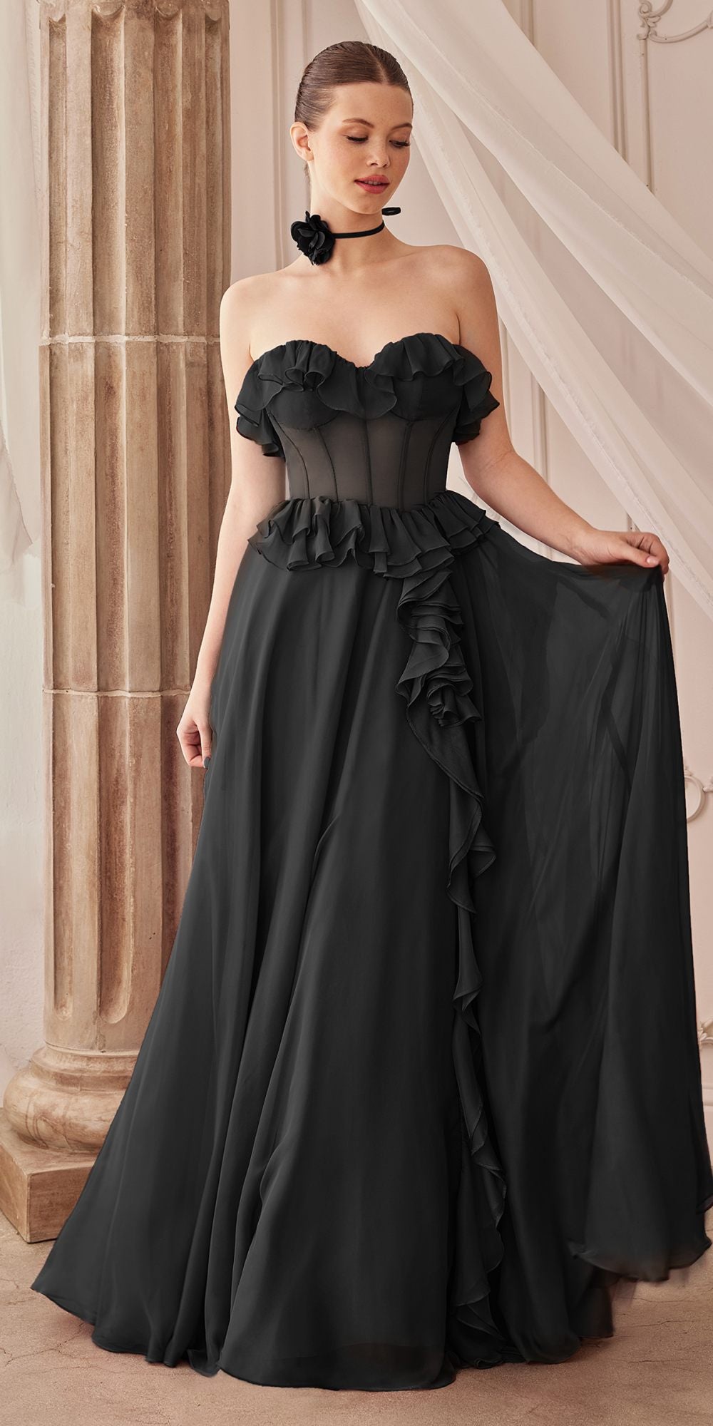 Vestido largo sin tirantes de chifón con volantes y corte A Andrea & Leo A1341