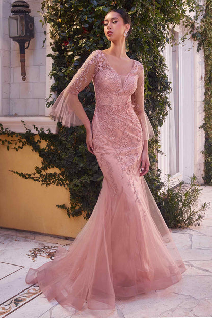 Vestido de sirena de encaje ajustado Andrea & Leo A1342 con manga trompeta