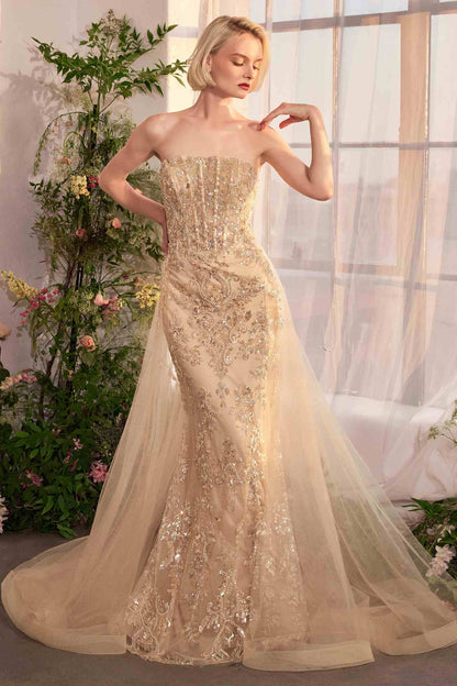 Vestido Andrea & Leo A1365 con cola y sin tirantes reluciente
