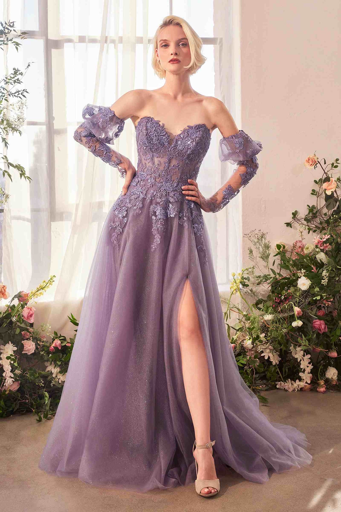 Vestido de fiesta con escote palabra de honor, silueta en A y mangas extraíbles Andrea & Leo A1398