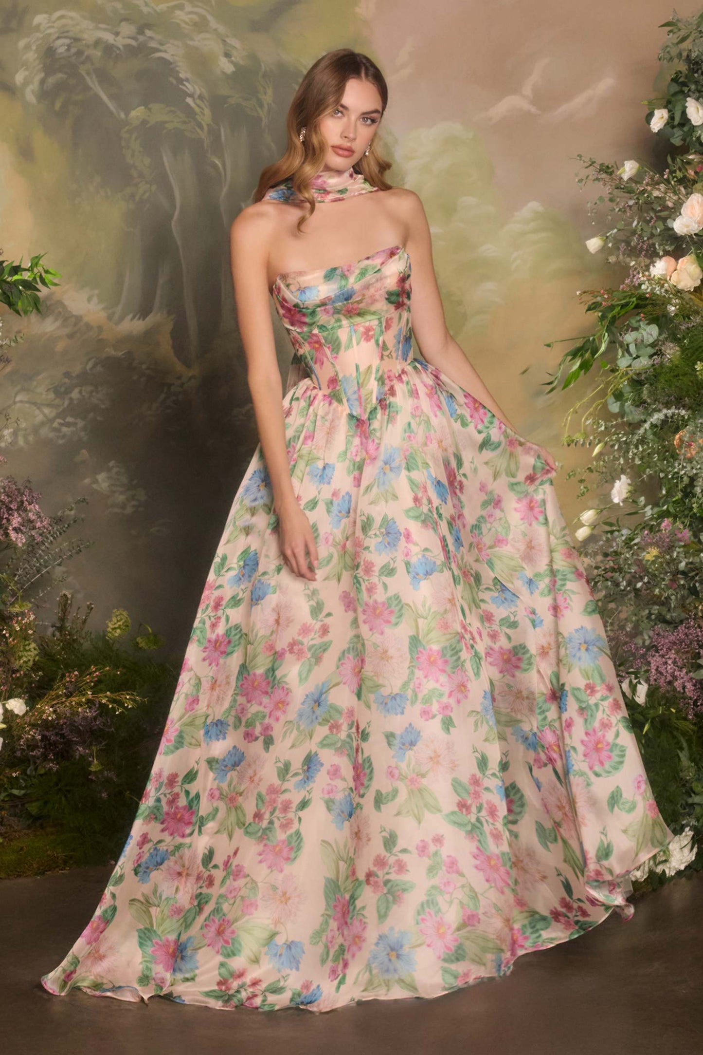 Vestido de fiesta largo sin tirantes de corte A con corsé y estampado floral Andrea & Leo A1425