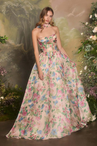 Vestido de fiesta largo sin tirantes de corte A con corsé y estampado floral Andrea & Leo A1425