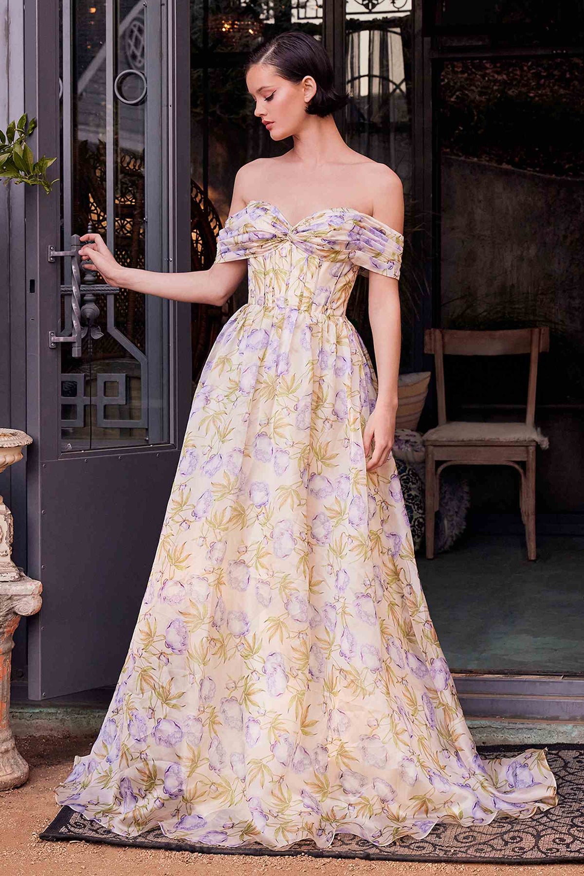 Andrea & Leo A1466 Vestido de gala con estampado floral, escote Bardot y corte A