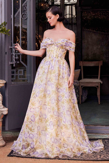 Andrea & Leo A1466 Vestido de gala con estampado floral, escote Bardot y corte A