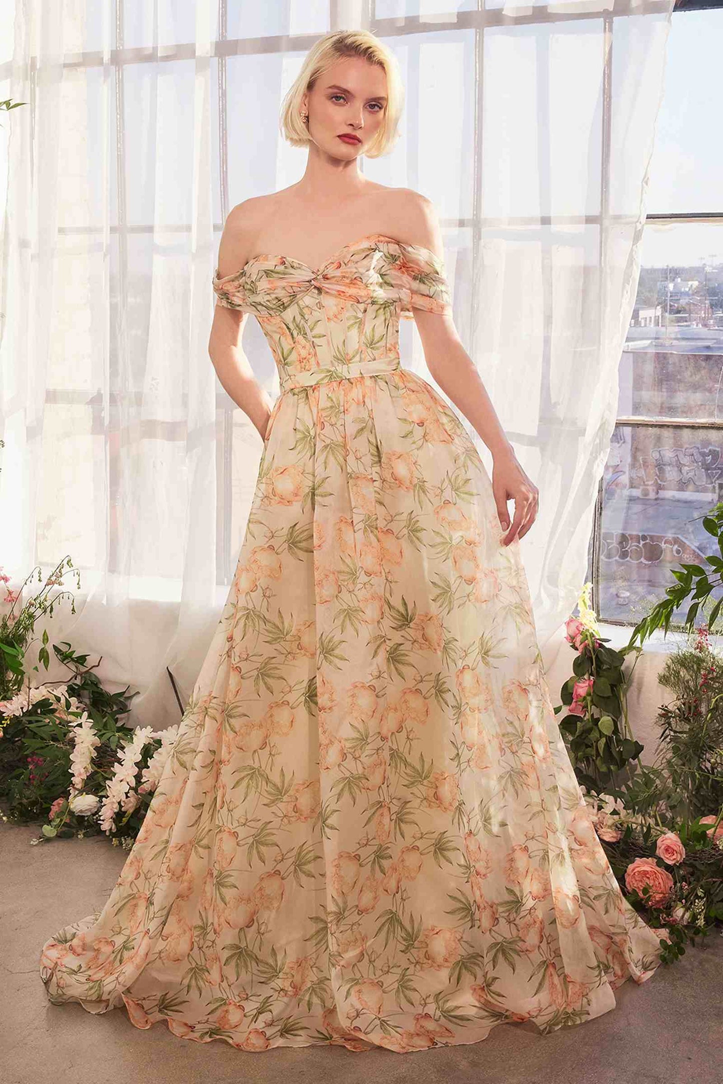 Andrea & Leo A1466 Vestido de gala con estampado floral, escote Bardot y corte A