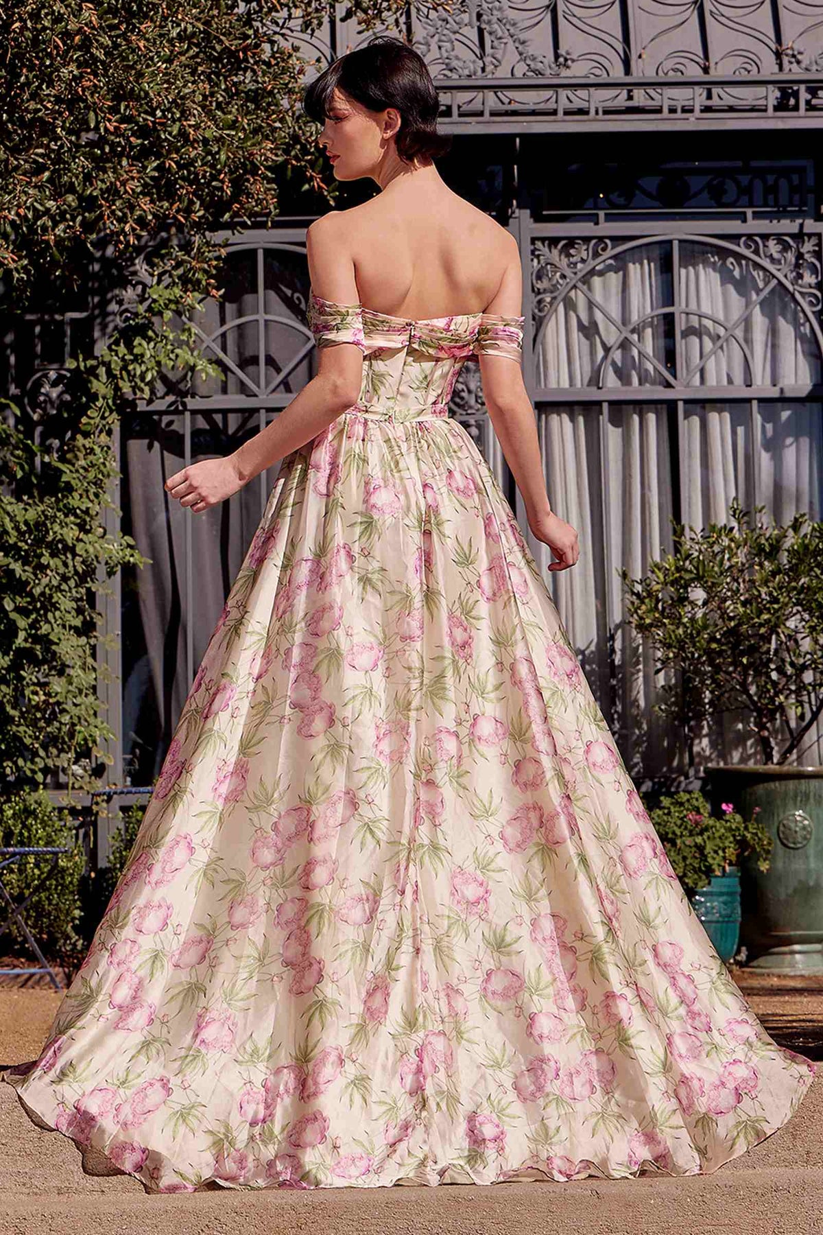 Andrea & Leo A1466 Vestido de gala con estampado floral, escote Bardot y corte A