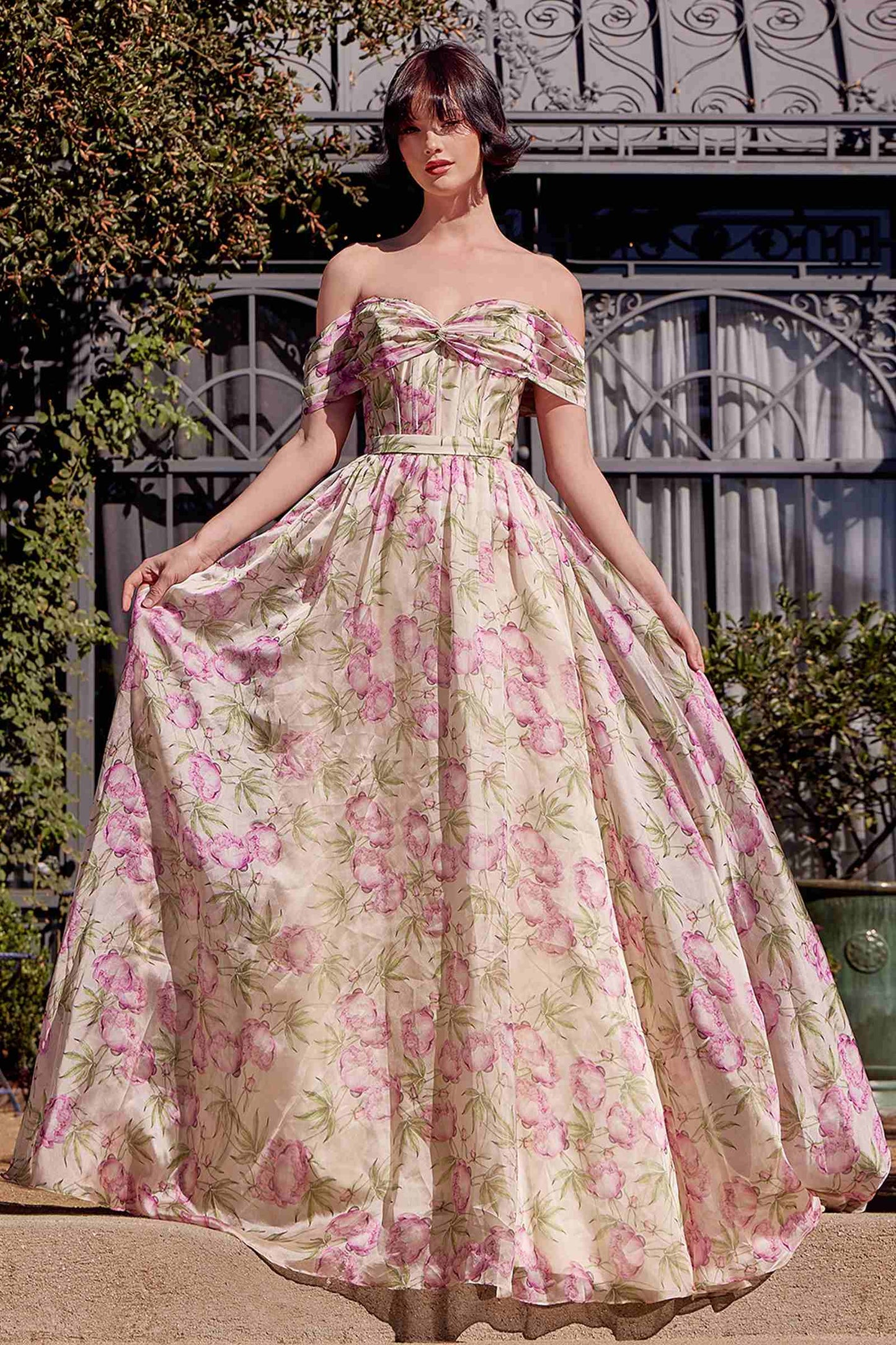 Andrea & Leo A1466 Vestido de gala con estampado floral, escote Bardot y corte A