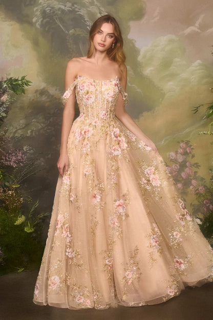 Vestido largo de tul con tirantes y bordado floral A-Line Andrea & Leo A1480