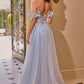 Andrea & Leo A1512 Vestido de tul azul claro con apliques florales, hombros descubiertos y abertura