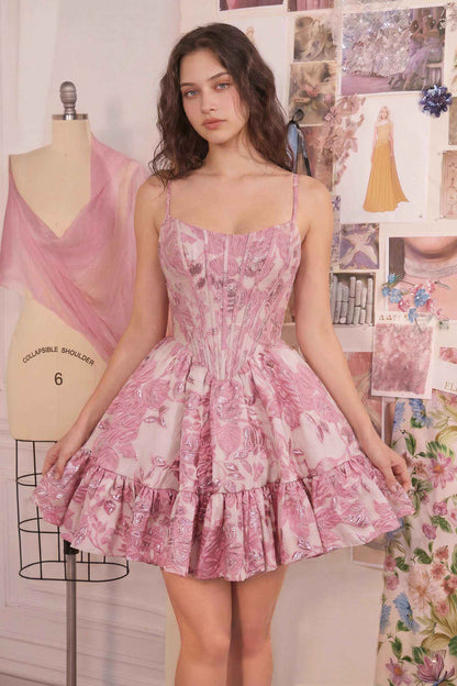 Andrea & Leo A1522 Vestido corto acampanado floral con brillo