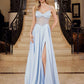 Vestido de fiesta Nox Anabel A1738 largo, corte A, sin tirantes, corsé con ballenas