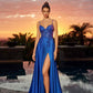Vestido de satén elástico Nox Anabel A1748 con escote corazón y corpiño de pico pronunciado