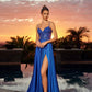 Vestido de satén elástico Nox Anabel A1748 con escote corazón y corpiño de pico pronunciado