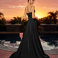 Vestido de satén elástico Nox Anabel A1748 con escote corazón y corpiño de pico pronunciado