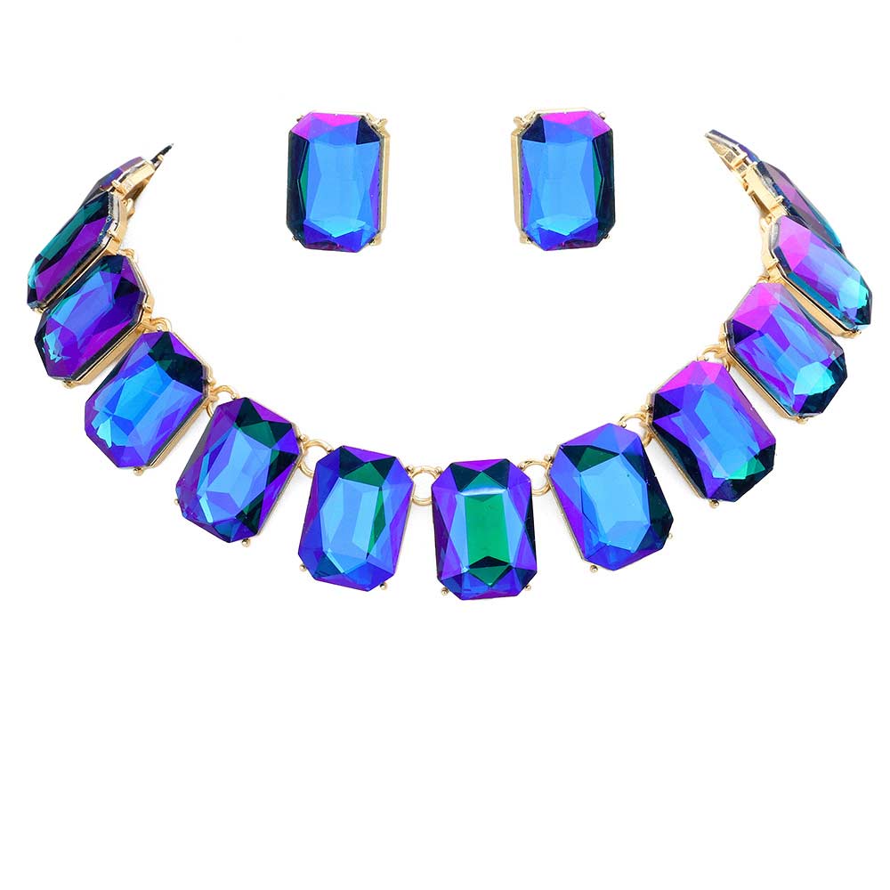 Emerald Cut Stone Link Evening Necklace Earring Set