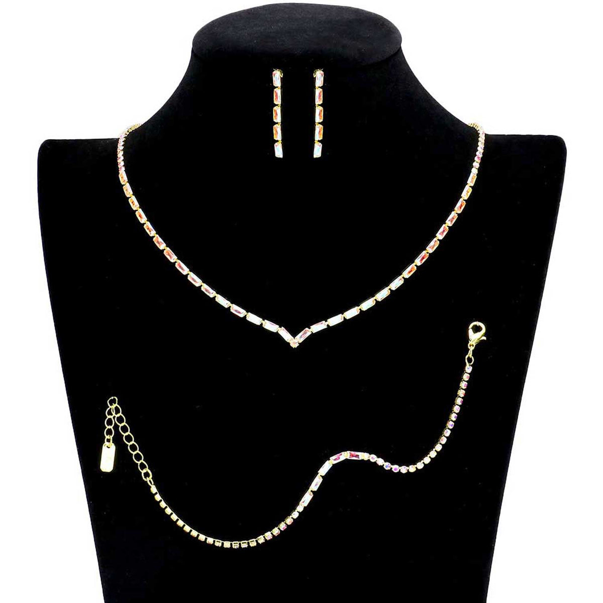 3PCS Chevron Accented Rectangle Stone Necklace Jewelry Set