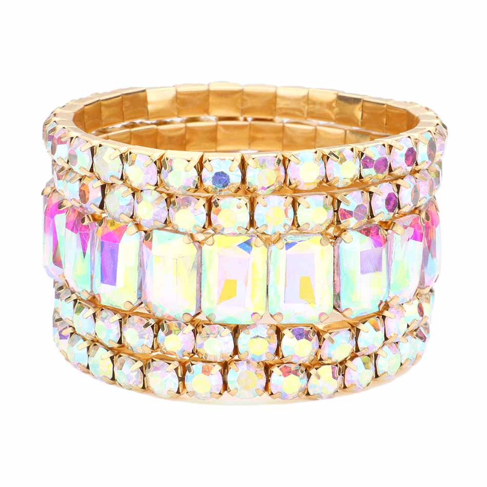 Women's 5Pcs Rectangle Round Stone Stretch Multi Layered Bracelets