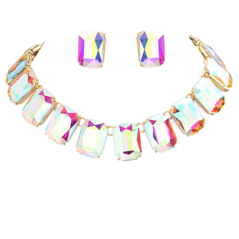 Emerald Cut Stone Link Evening Necklace Earring Set