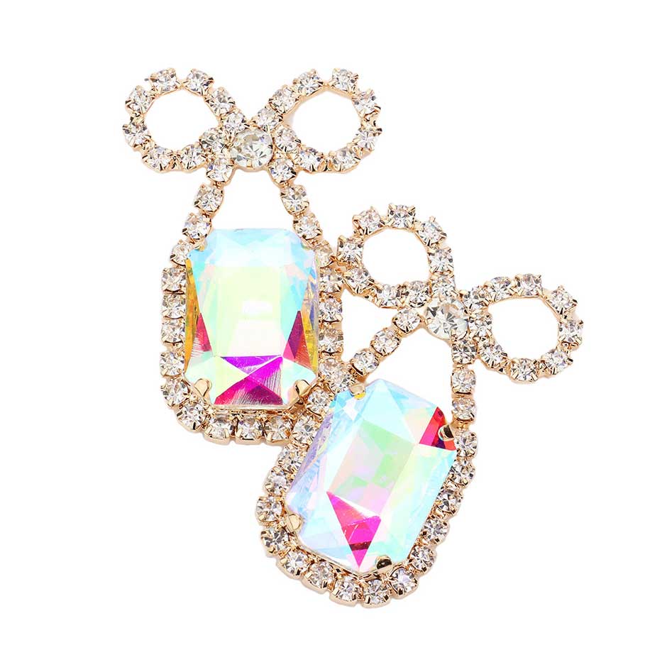 Rhinestone Bow Emerald Cut Stone Evening Earrings