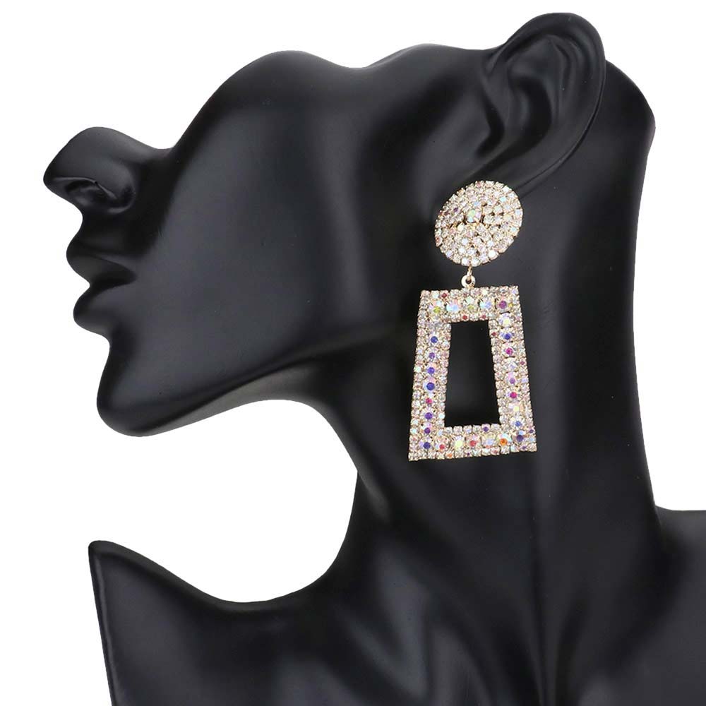 Rhinestone Pave Open Rectangle Dangle Evening Earrings