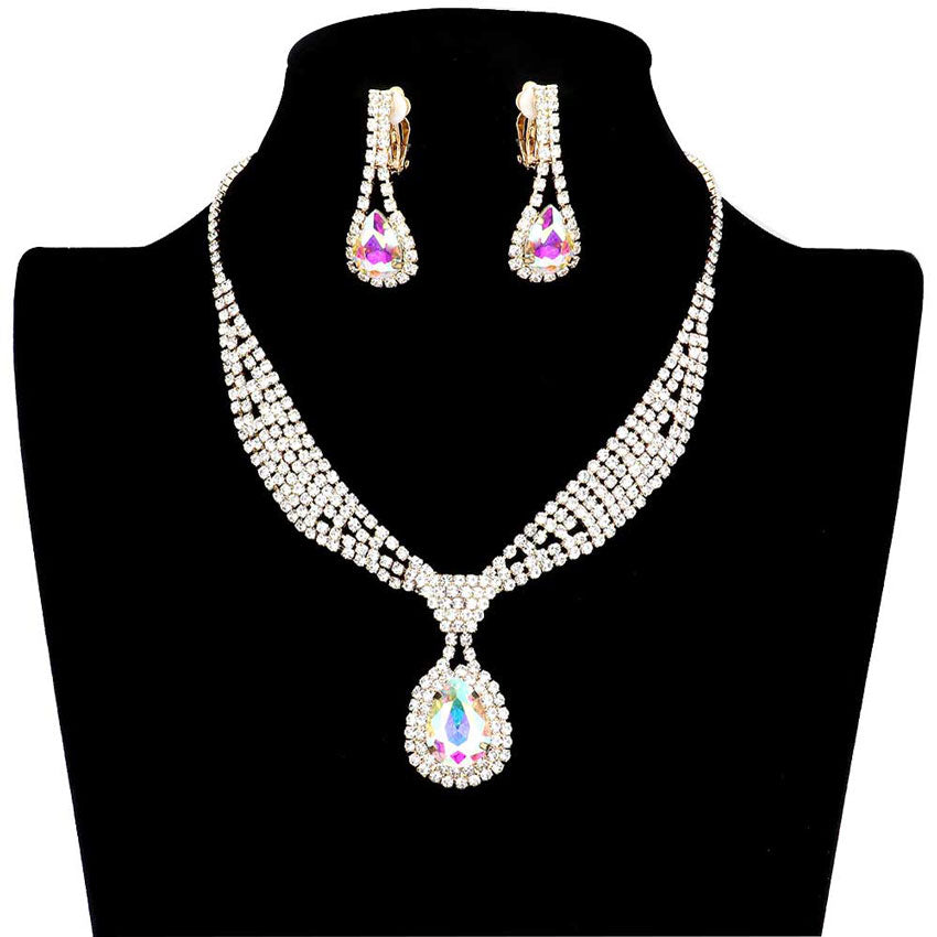 Rhinestone Pave Teardrop Collar Necklace & Clip Earring Set