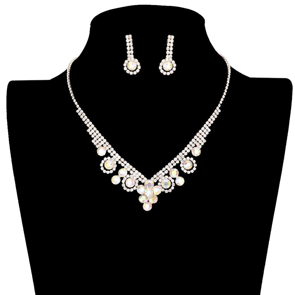 Round Stone Flower Accented Rhinestone Pave Necklace