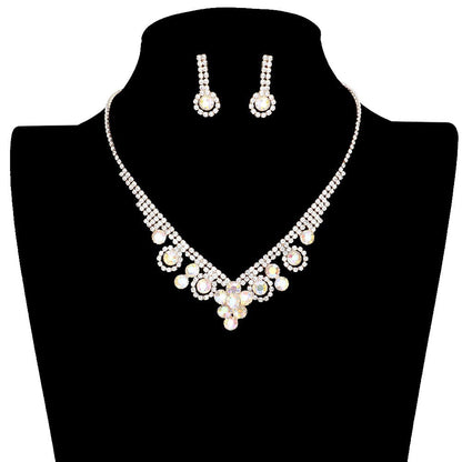 Round Stone Flower Accented Rhinestone Pave Necklace
