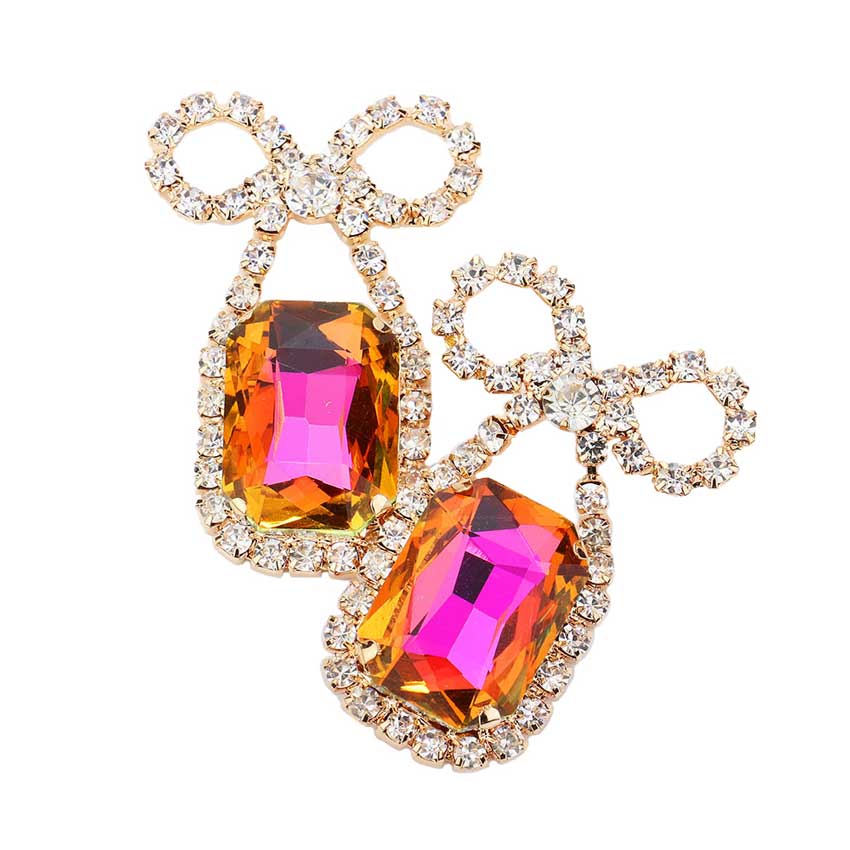 Rhinestone Bow Emerald Cut Stone Evening Earrings