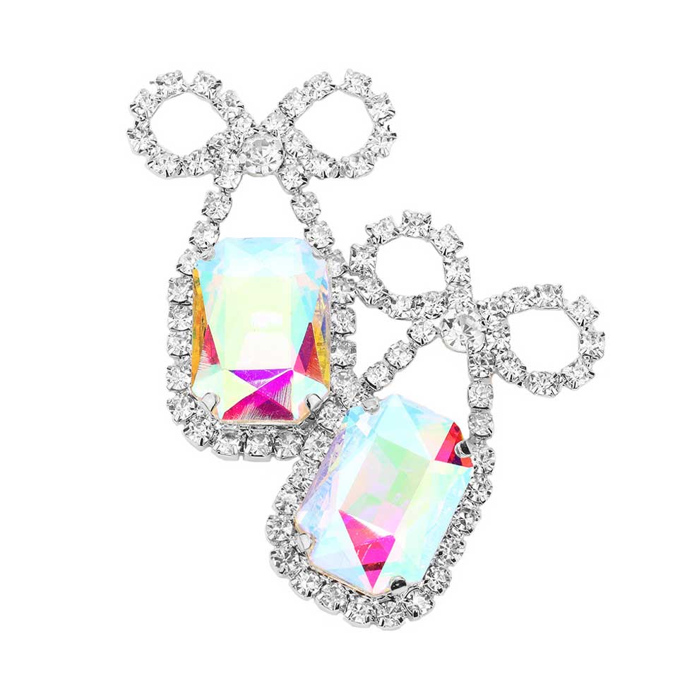 Rhinestone Bow Emerald Cut Stone Evening Earrings