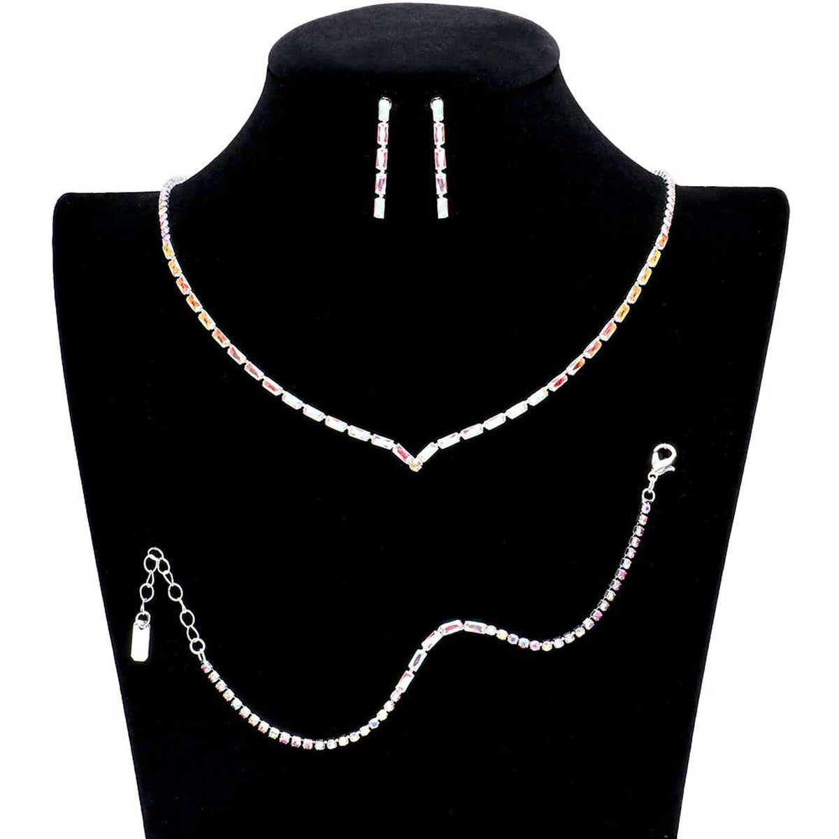 3PCS Chevron Accented Rectangle Stone Necklace Jewelry Set