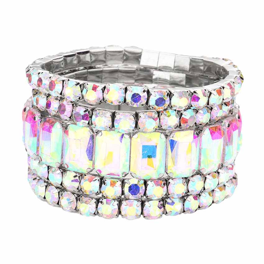 Women's 5Pcs Rectangle Round Stone Stretch Multi Layered Bracelets
