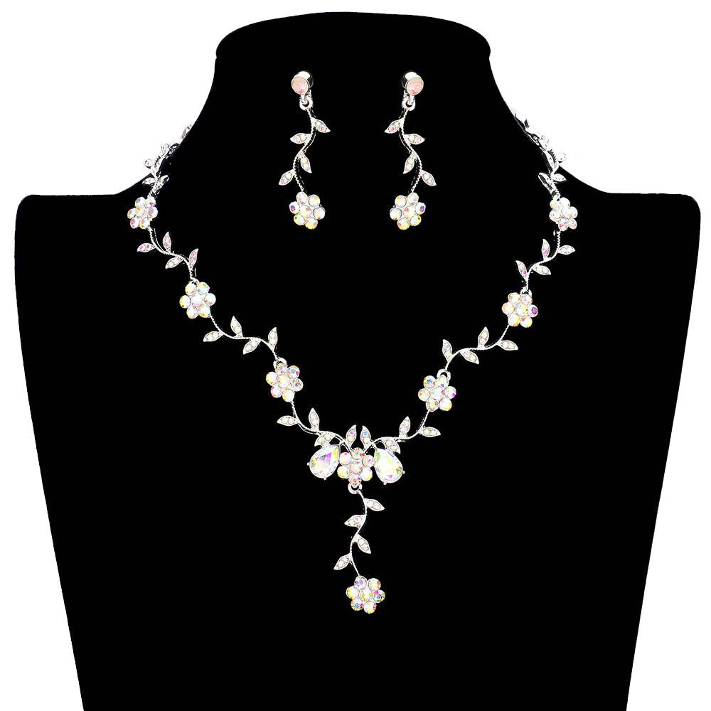 Flower Leaf Cluster Vine Rhinestone Necklace