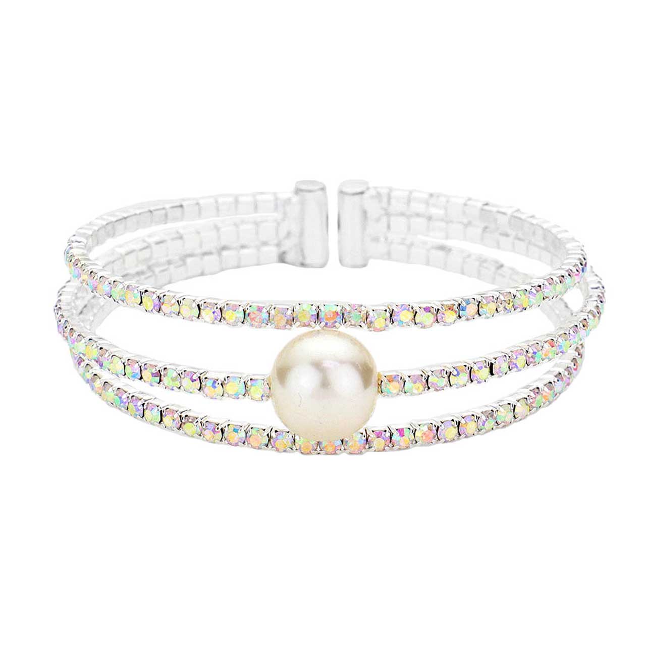 Pearl Accented Split Rhinestone Evening Cuff Bracelet
