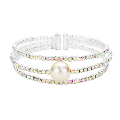 Pearl Accented Split Rhinestone Evening Cuff Bracelet