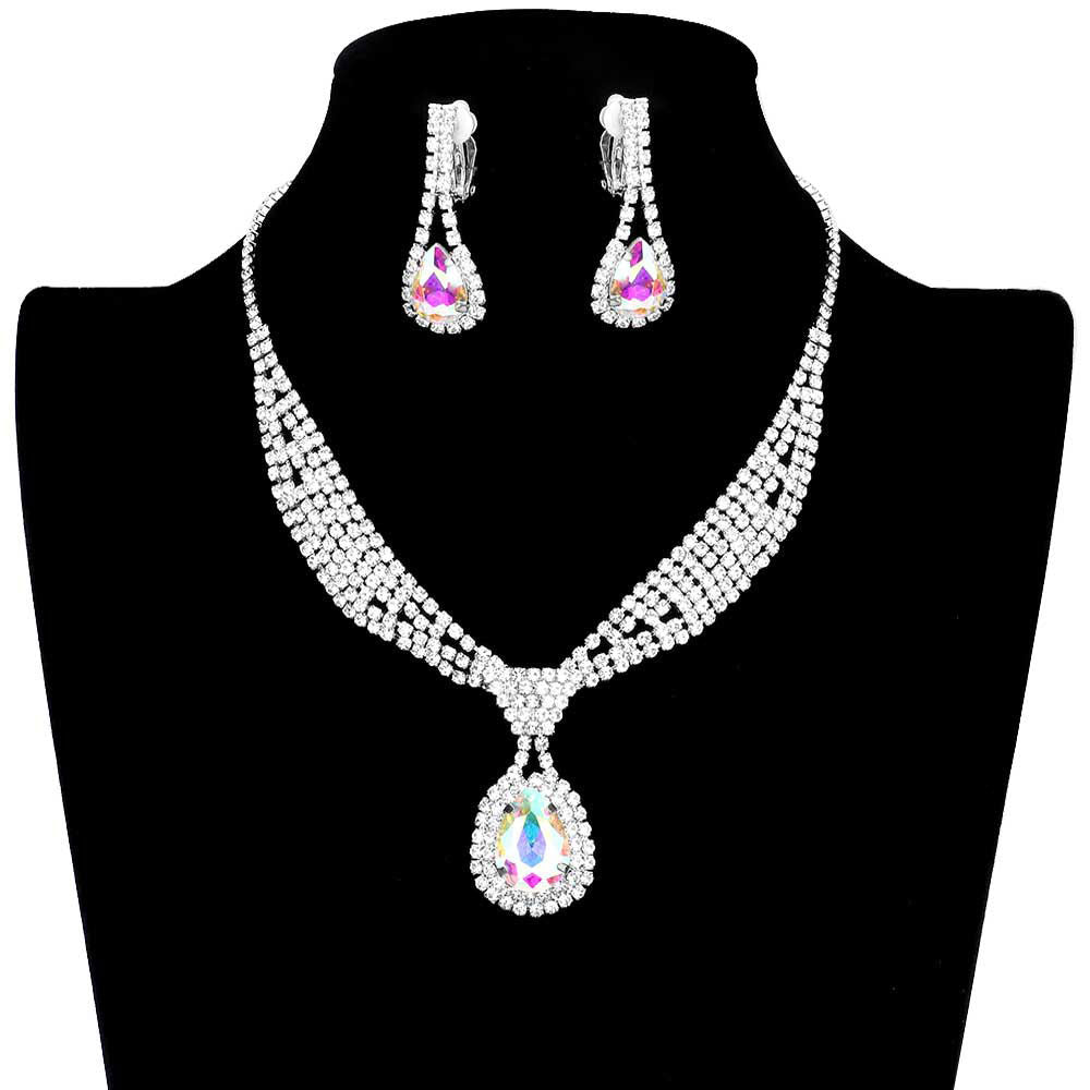 Rhinestone Pave Teardrop Collar Necklace & Clip Earring Set