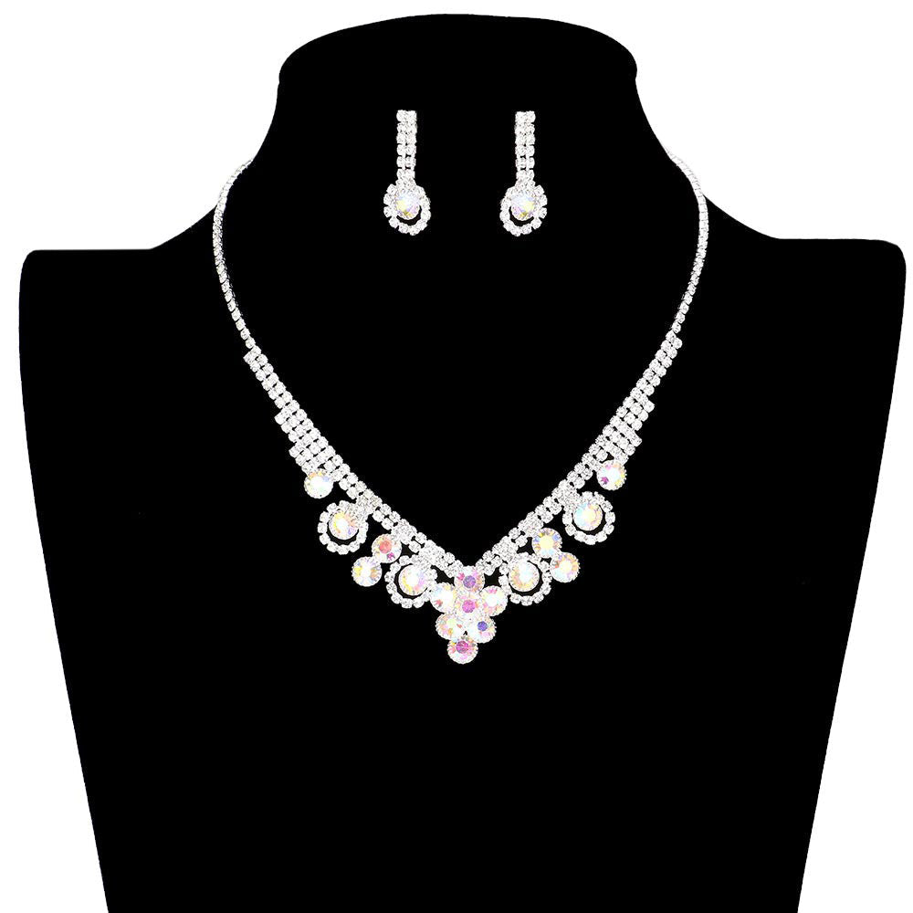 Round Stone Flower Accented Rhinestone Pave Necklace