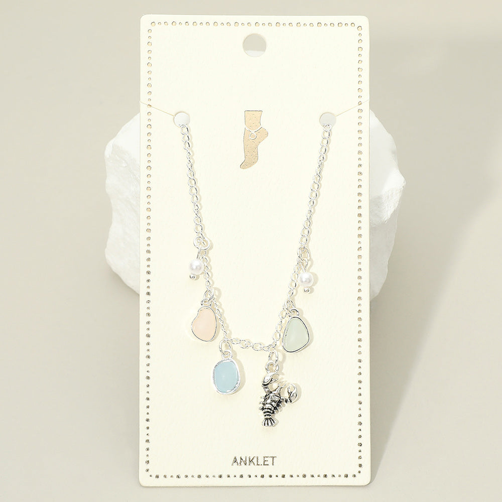 Lobster Sea Glass Pearl Charm Station Anklet