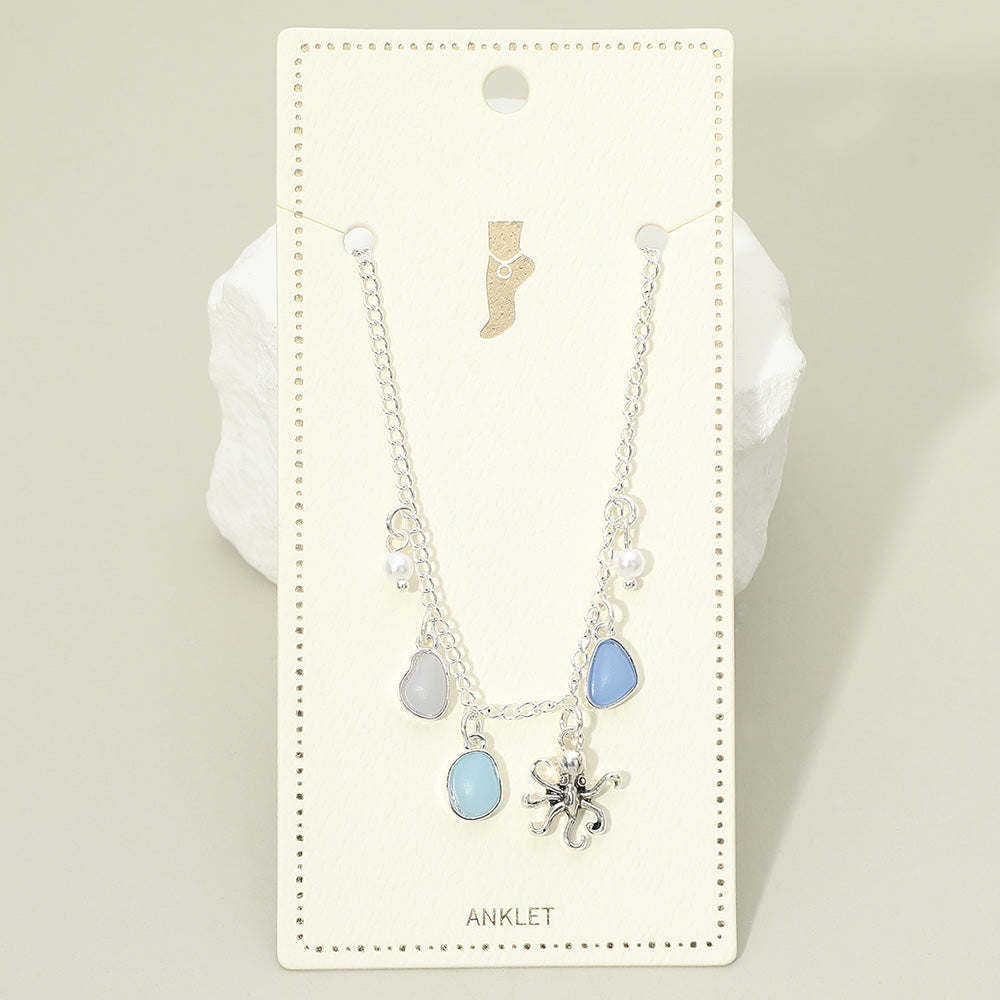 Octopus Sea Glass Pearl Charm Station Anklet