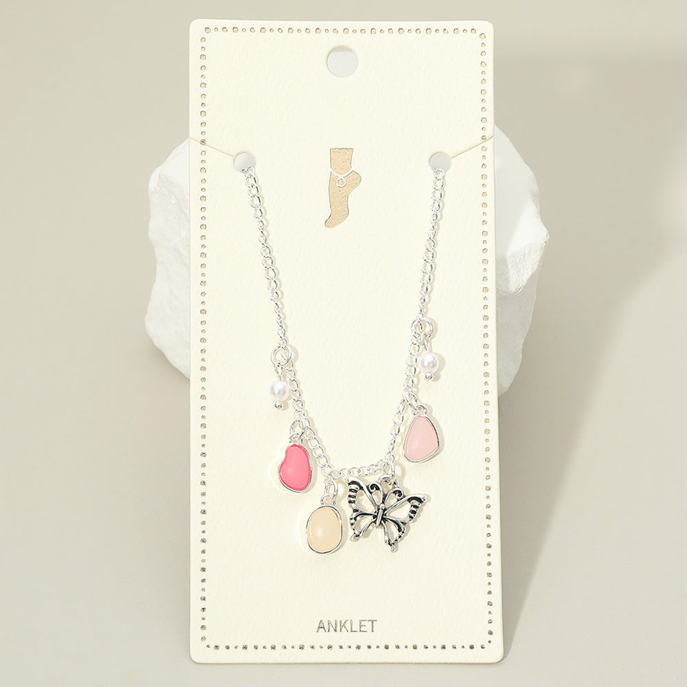 Butterfly Sea Glass Pearl Charm Station Anklet